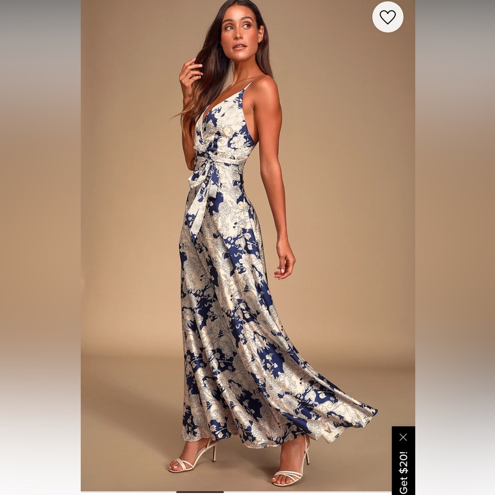 Lulu’s Size Small Blue and White Floral Tie Front Satin Maxi Dress